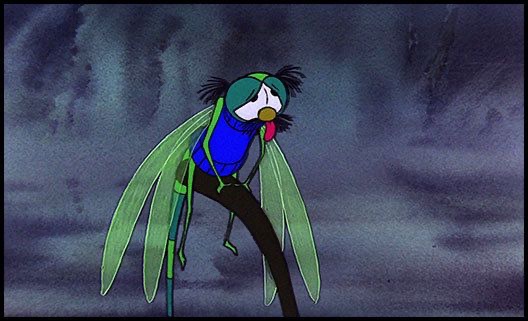 cartoon of a dragonfly wearing a blue jumper sitting on the stem of a leaf. His black moustache and green wings are drooping and his tongue is sticking out with exhaustion